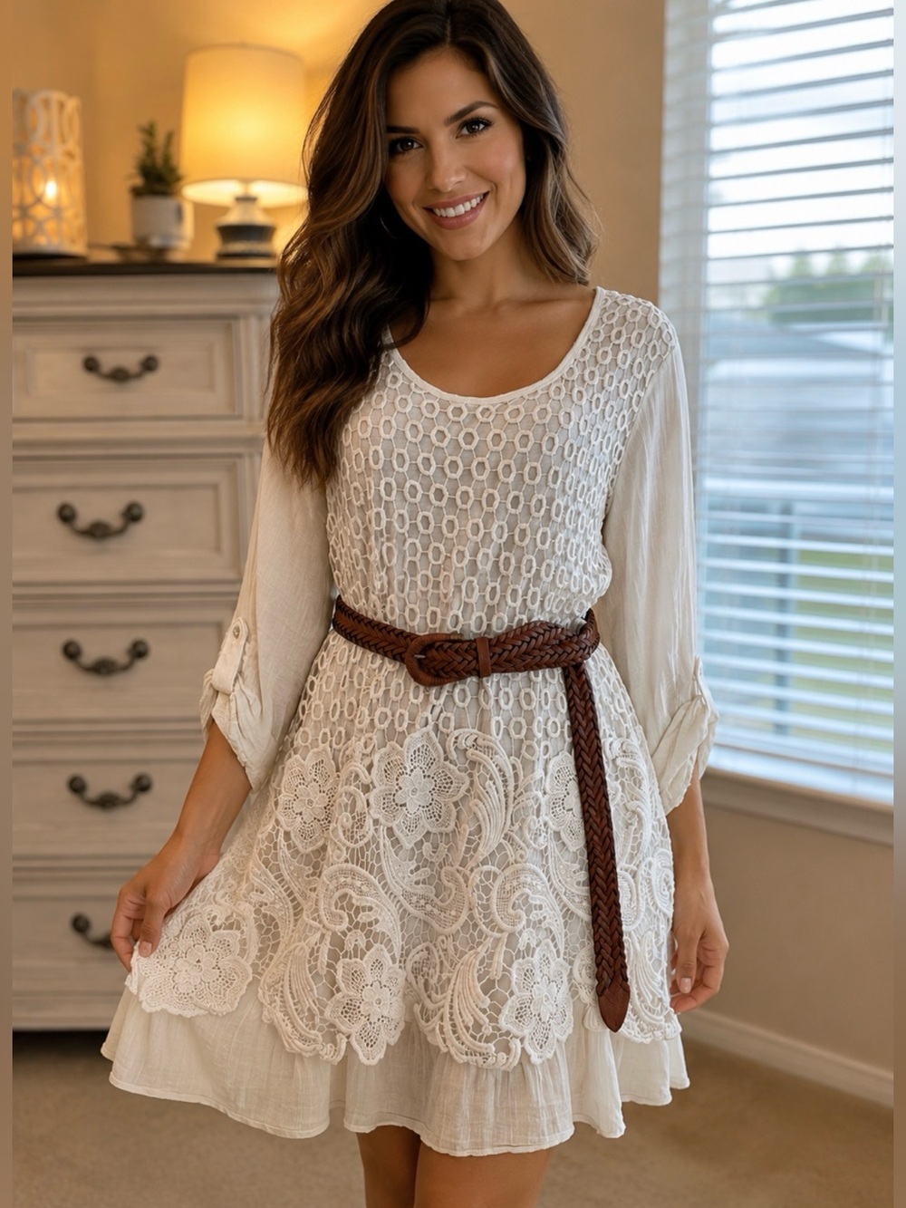 Hannah Boho White Lace Crochet Tunic Dress w/ Braided Belt Size XL